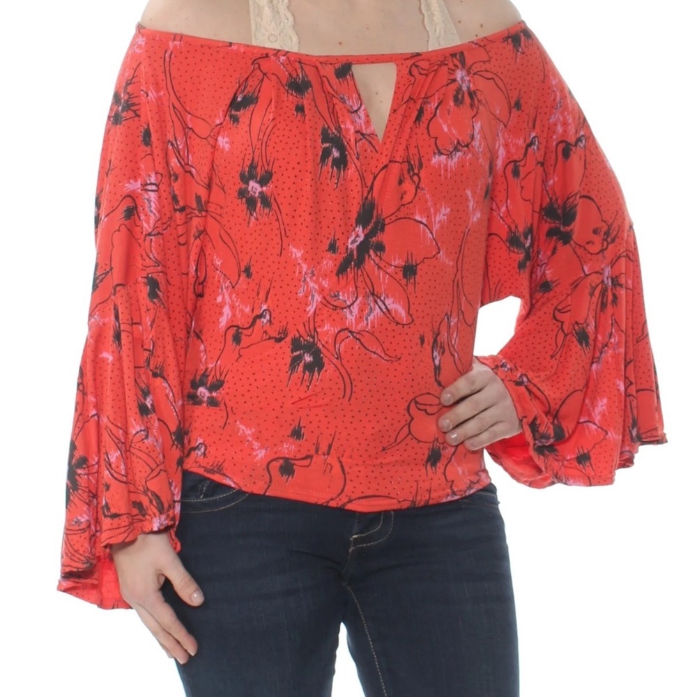 Free People Coral Floral Print Keyhole‎ Dolman Bell Sleeve Blouse Top Size S